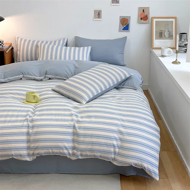 Parure de lit trois pièces confortable de couleur unie, ensemble quatre pièces bleu 1