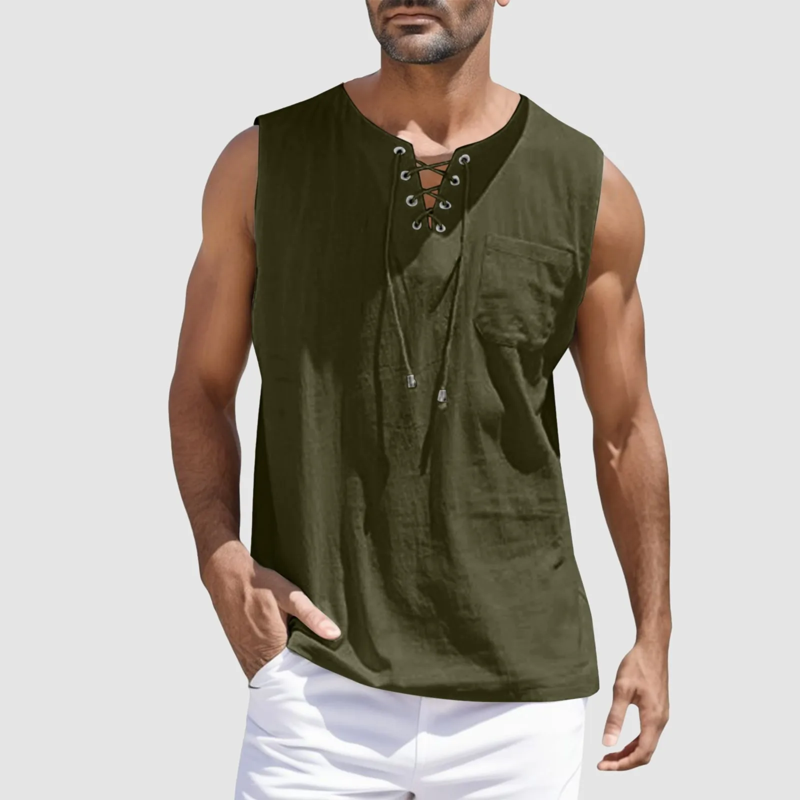 

Men Cotton Linen Vest Summer Sleeveless Drawstring Neck Solid Color T-Shirt Hawaiian Holiday Beach Breathable Oversize Tee Shirt