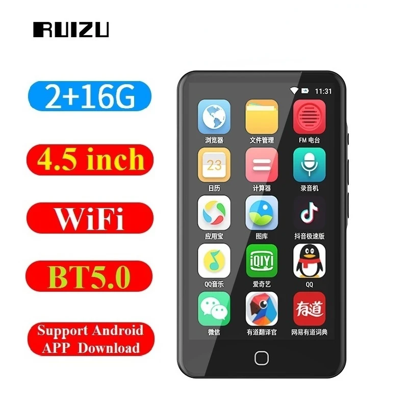 Newest RUIZU H5 Android WiFi MP4 Player Bluetooth5.0 Full Touch Screen 4.5inch 16GB Music Video Player With FM,Recording,E-book