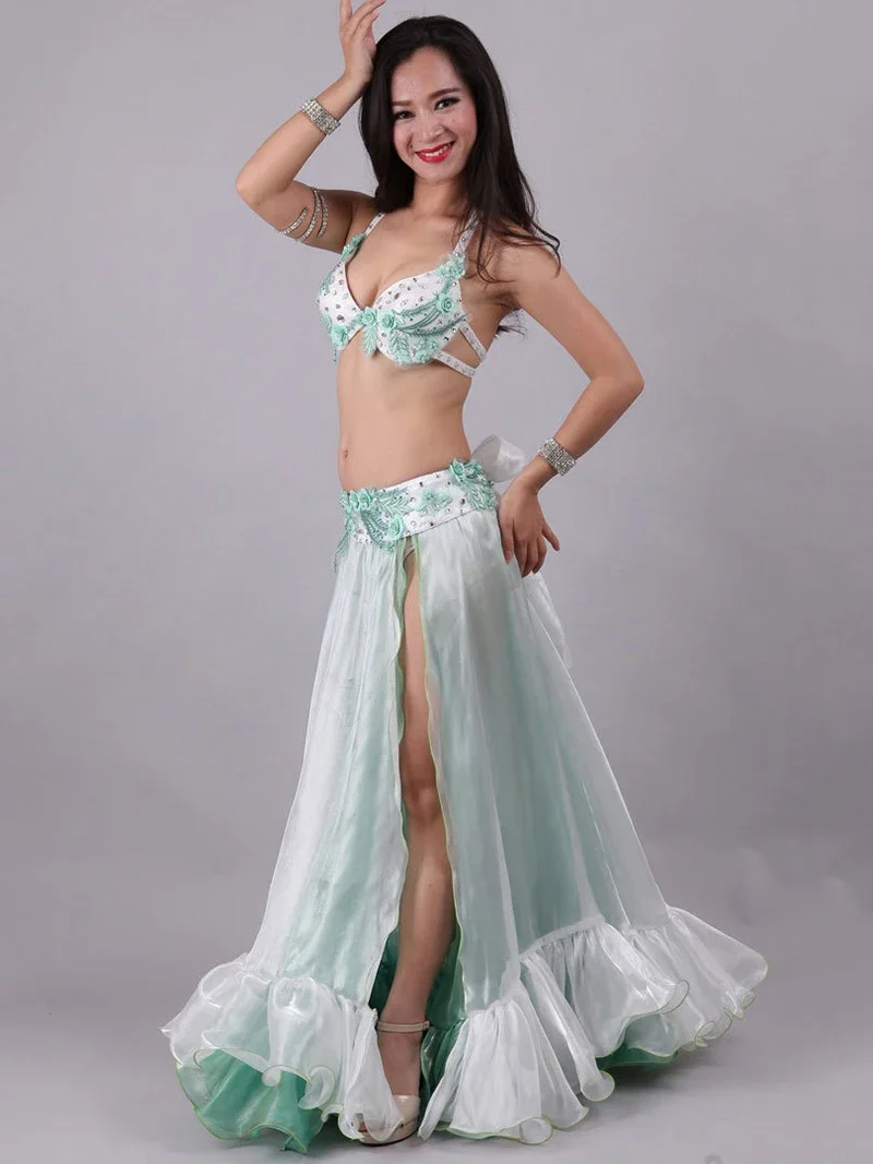 

Belly Dance Bra Beaded Embroidery Skirt Bow Big Swing Long Dress Mesh Ethnic Dancewear Stage Performance Three Piece Sets