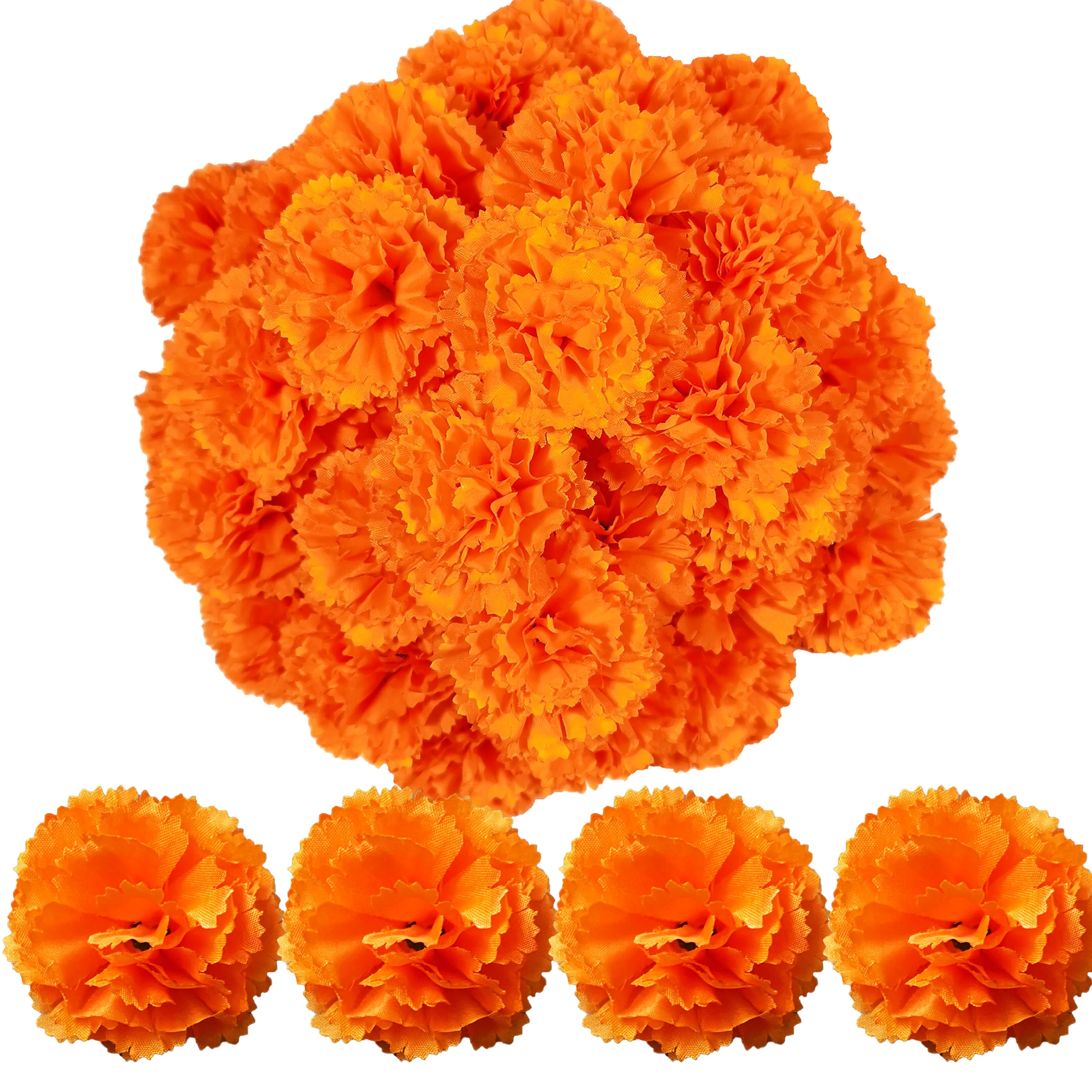 Goudsbloem bloem hoofden bulk 50 stuks, faux Mexicaanse goudsbloem kunstbloemen voor Diwali huisdecoratie doe-het-zelf krans slinger ambachtelijke bruiloft Mexicaanse feest dag van de doden decoratie