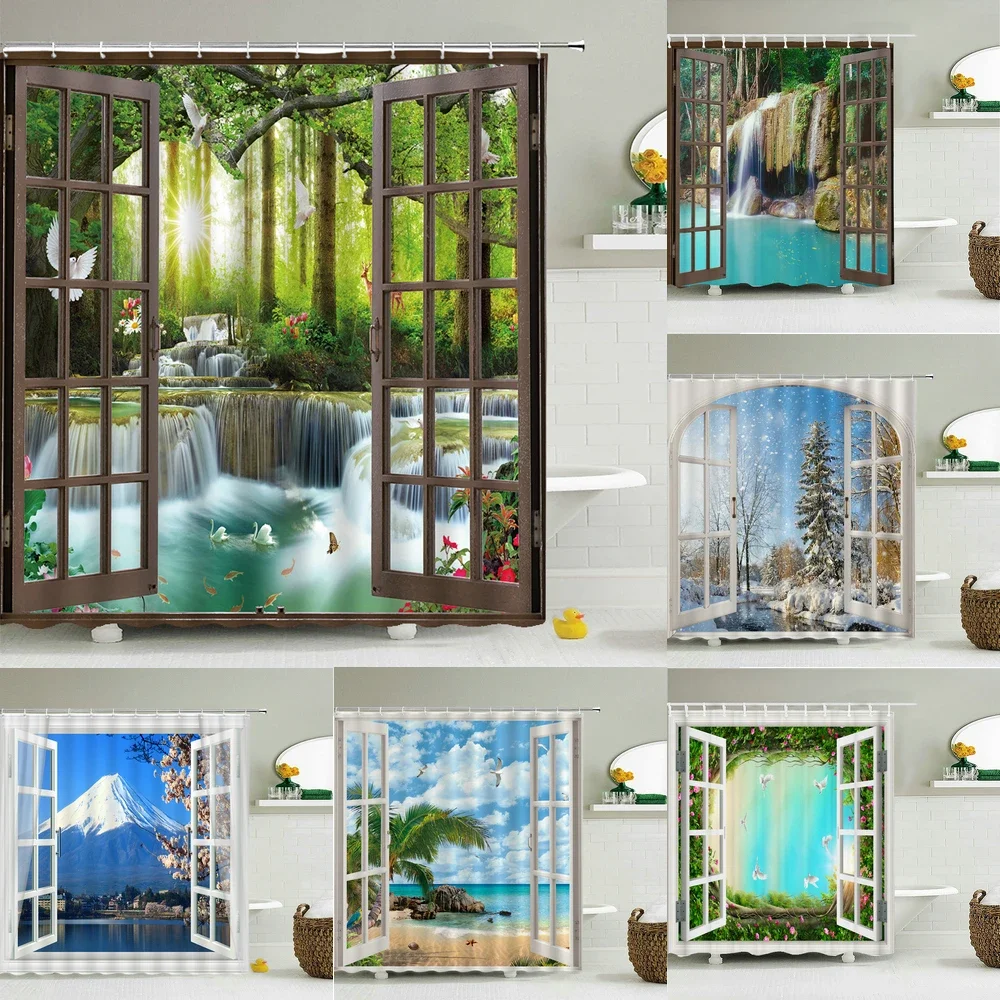 Bath Curtain 3d Printing Window Scenery Forest Shower Curtains 180*200cm Waterproof Washable Fabric With Hooks