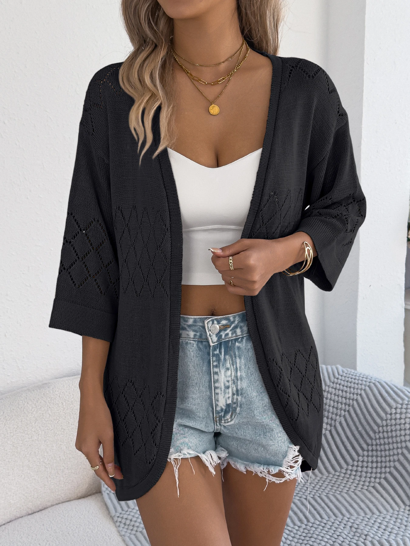 Khaki Black White Knitted Cardigan Sunproof Top for Women