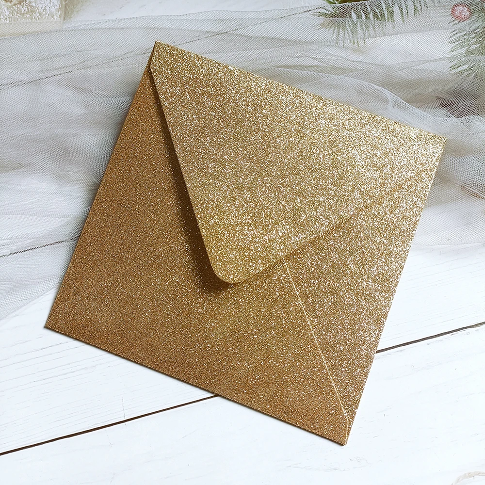 Woogim 10 Biglietti D'Invito Floreali Glitterati Con Buste – Oro Chiaro, 18x12,5 Cm, Con Foglio Interno Vuoto E Nastro - 2