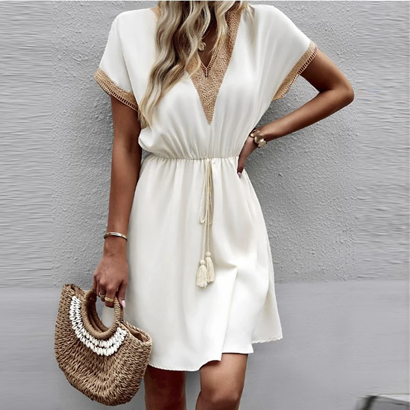 

Elegant Office Ladies Dress Women's Solid Color Short-sleeved Lace V-neck Tucked Waist Dress Daily MIDI Skirt Party Dress