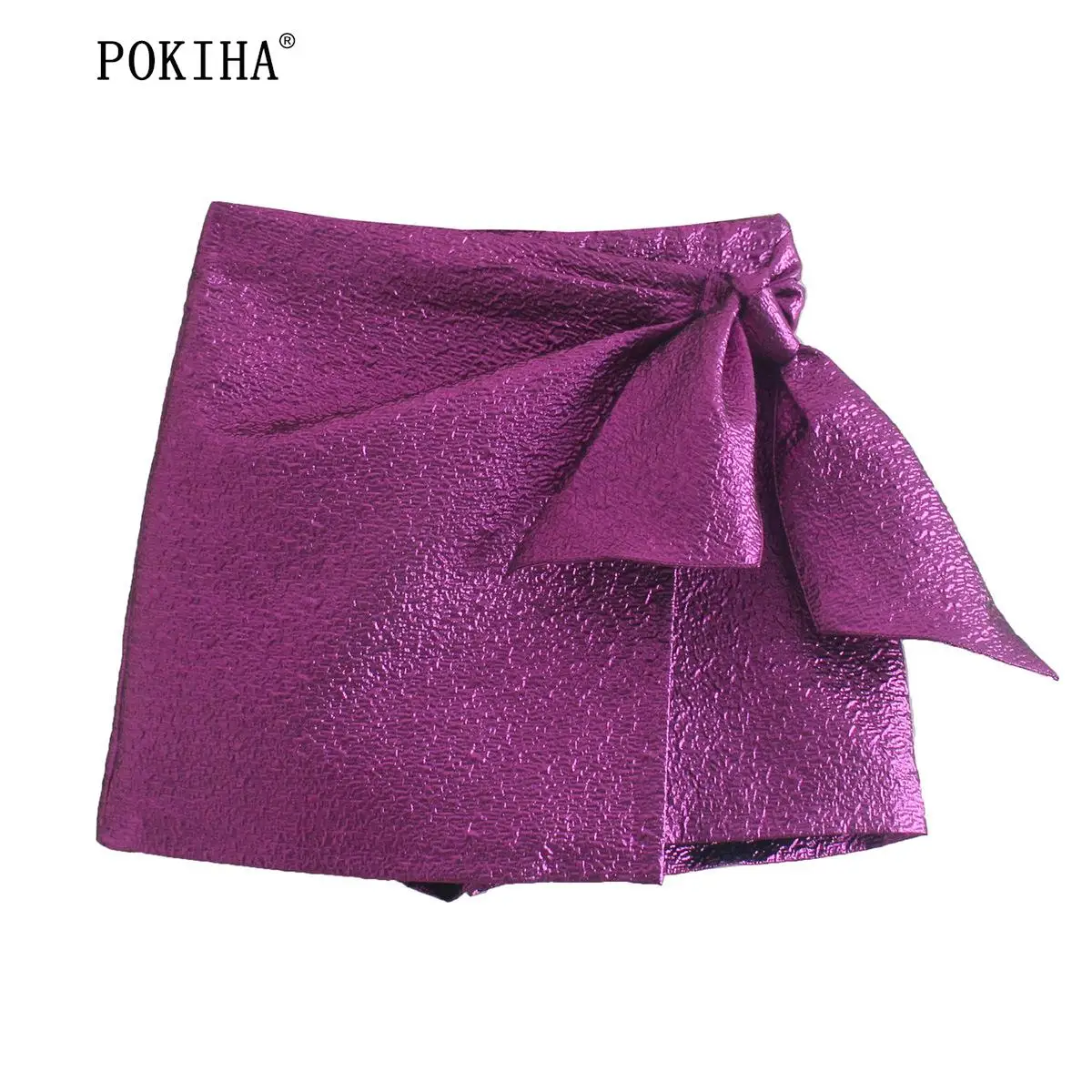 

Pokiha New Women High Street Bow Decoration Texture Purple Shorts Skirts Lady Zipper Fly Hot Shorts Chic Casual Pantalone Cortos