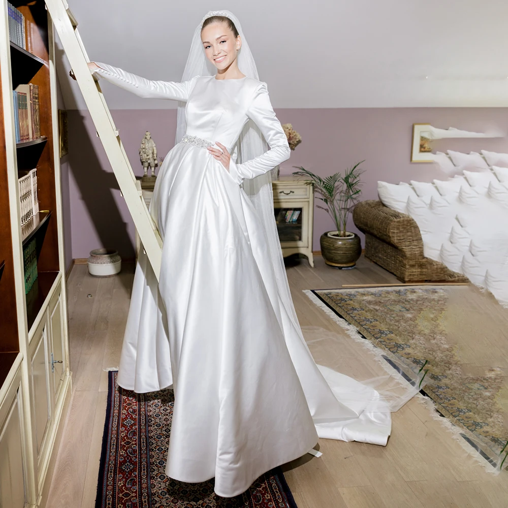 

Lustrous Satin Muslim Round Neck Wedding Dress Long Sleeves Closed Back Buttons Custom Made Simple Puffy Cathedral Bridal Gown