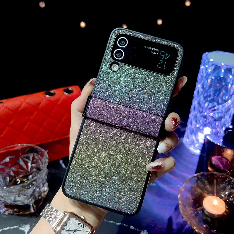 

Gradient Glitter Sequins Trim Phone Case For Samsung Galaxy Z Flip 5 4 3 5G Hinge Shockproof Soft TPU Frame Cover