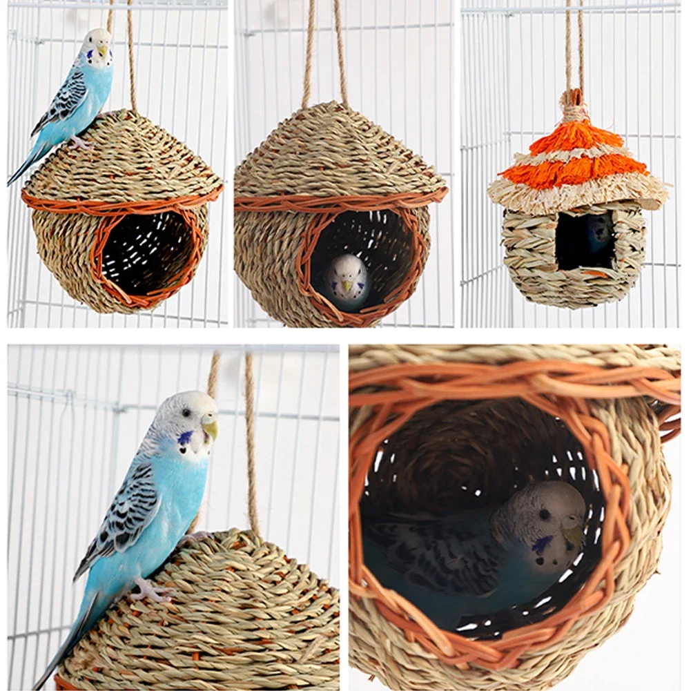 Bird Nest Hand-Woven Grass House For Small Parrot Canary Lovebird Parakeet Hatching Birds Hut Outdoor Hanging Chickadee House For Bird House Bird Nest Outdoor Bird Breeding Loft