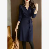 Autumn V-neck Irregular Waist Tied Knit Sweater Women Mid to Long Cardigan Loose Slimming Style Elegant and Socialite Jacket 2