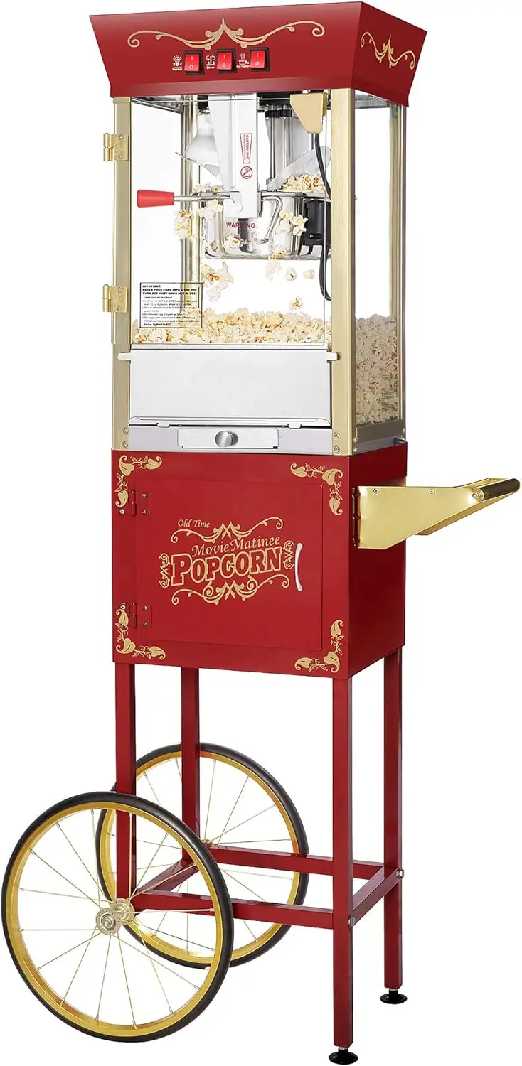 Popcorn Machine with Cart 8oz Popper with Stainless-Steel Kettle Warming Light and Accessories by Great Northern Popcorn Red