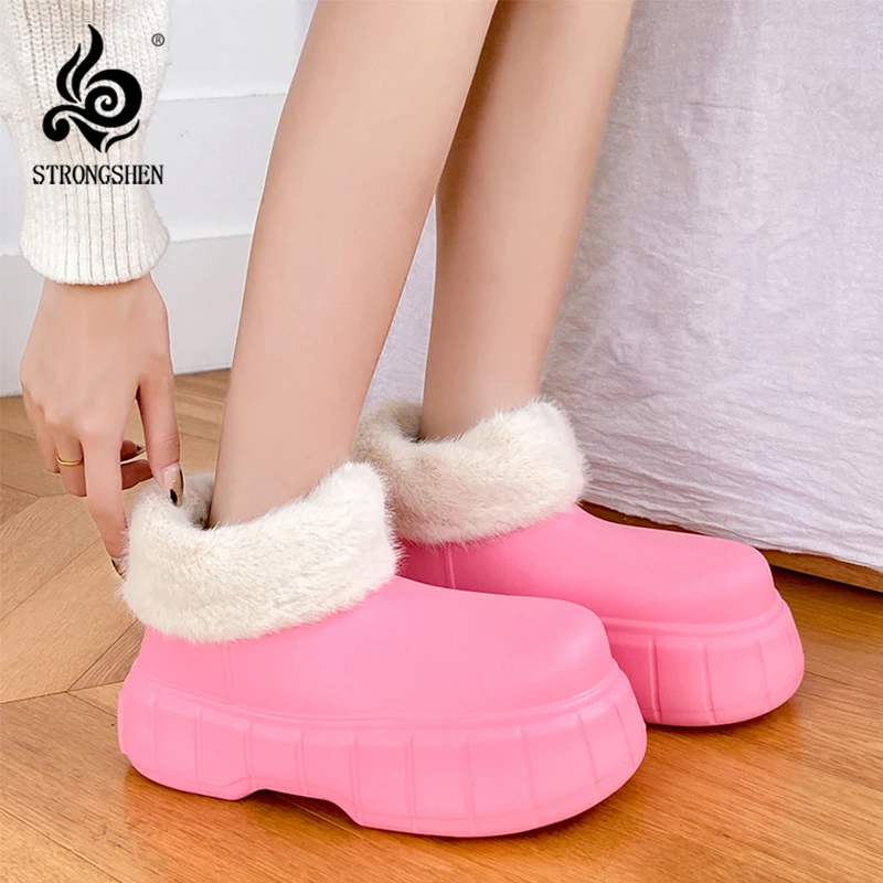 

STRONGSHEN Women Rain Boots Outdoor Winter Warm Non-slip Waterproof Fashion Daily Fur Platform Ankle Boots EVA Shoes Footwear