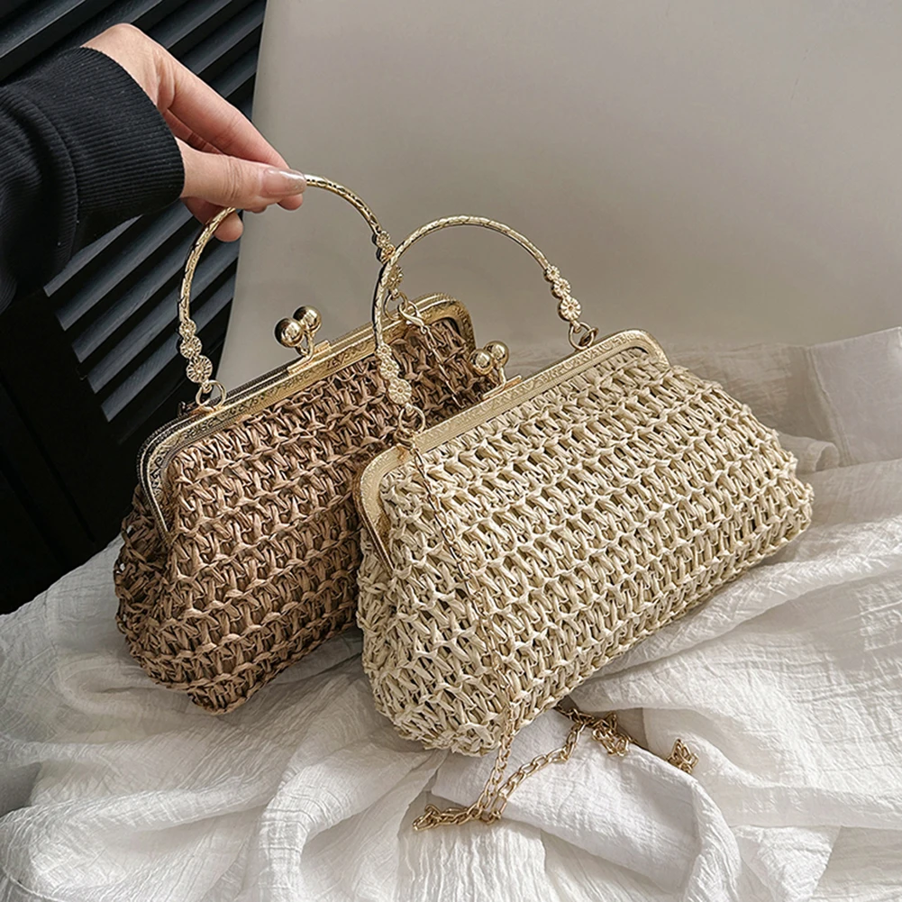 Woven Straw Chain Clutch Bag for Women Summer Party