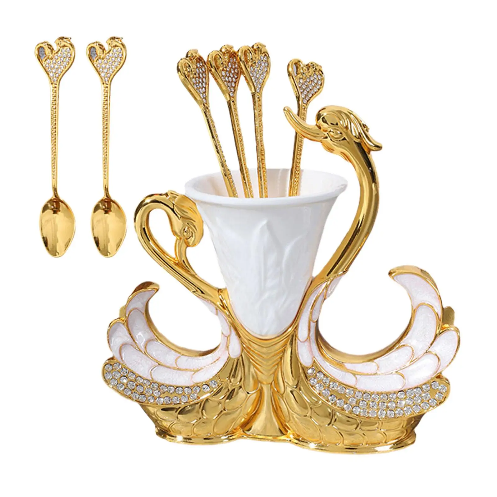 

Swan Base Holder Dessert Spoon Organiser with 6 Spoons Elegant Teaspoon Dessert Flatware for Party Wedding Hotel Home Ornaments