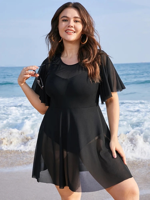 Plus Size Womens One Piece Tummy Control Swimdress Solid Mesh Patchwork Ruffle Sleeve Cover Up Swim Dress Chubby Swimsuit - Black, XL