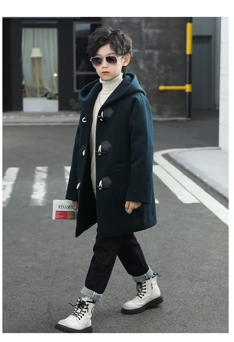 Boys Woolen Coat Autumn Solid Hooded Jackets Coat 4-14T Overcoat