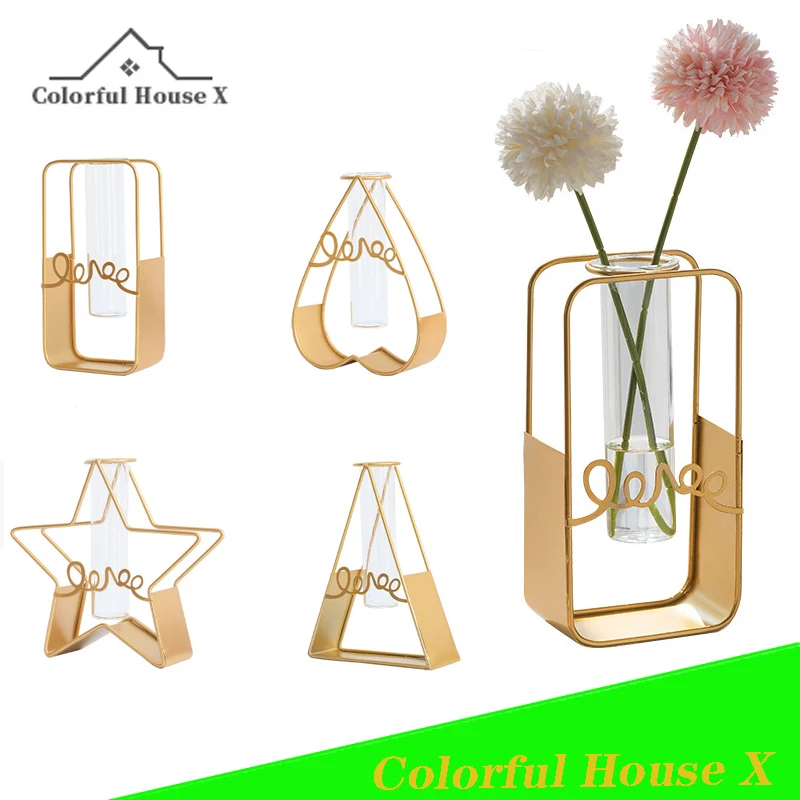 

New Detachable Hydroponic Glass Flower Tube Geometric Shape Wall-Mounted Iron Vase Fashion Simple Living Room Bedroom Decoration