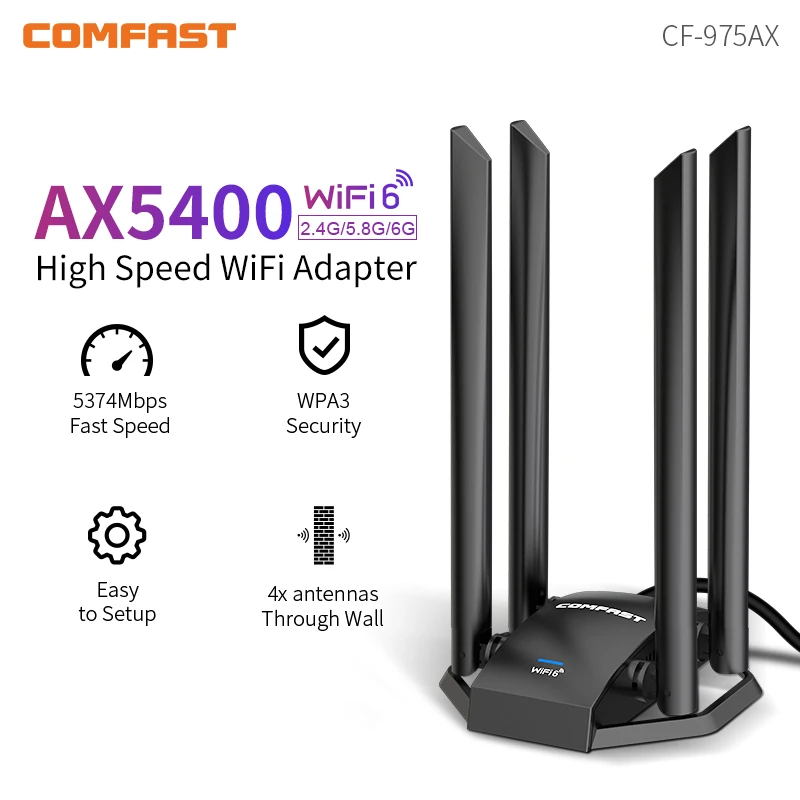 Placa de Rede sem Fio de Alta Velocidade Usb 3.0 Dongle Gaming Cf-975ax Ax5400 Adaptador Wifi6 2.4g 5g 6g Tri-band 5374mbps 5dbi Antenas