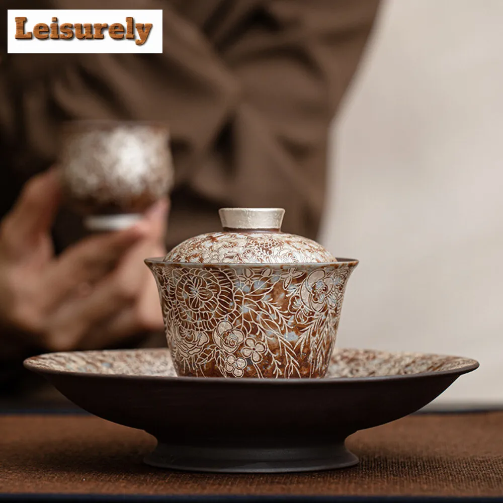 Flower Gilded Silver Old Rock Mud Coarse Pot Bearing Holder Vintage Dry Brew Table Tea Tray Fruit Sanck Plate Teaset Decoration