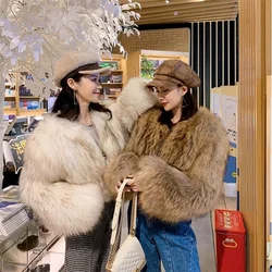 Winter Fur Coat Women's Elegant Short Imitation Fur Coat Thickened Round Neck Jacket Solid Color Top Loose Casual Style