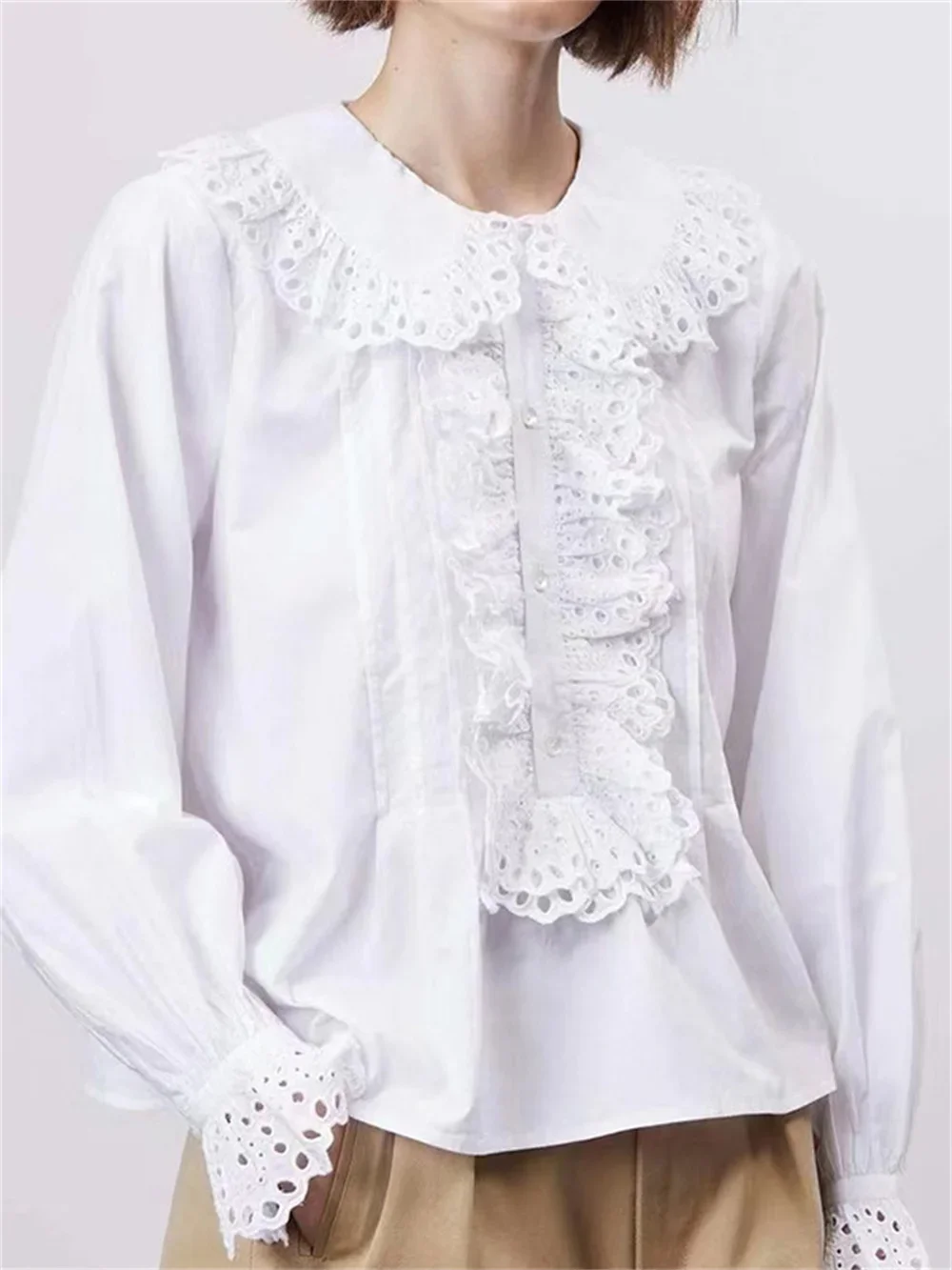 

Shirts for Women 2023 New Ruffled Peter Pan Collar Single Breasted Loose Sweet Lantern Sleeve Pleated Blouse