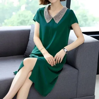 Elegante Abito Midi Estivo alla Moda, Lungo fino al Ginocchio, per Donne di Mezza Età, in Poliestere, Tinta Unita, Taglio Dritto