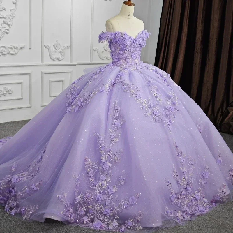 ANGELSBRIDEP, сиреневое, лавандовое платье для Quinceanera, бальное платье с 3D цветочной аппликацией, кружевное платье для 15 лет, милое платье на день рождения 16 15