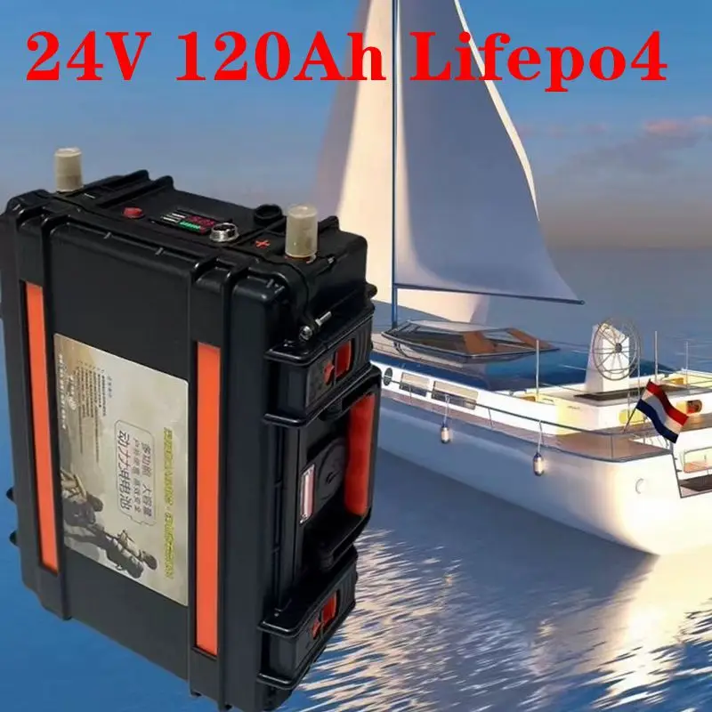 

24V 120Ah 100Ah LiFepo4 lithium rion battery pack with BMS 150A for fishing boat motor AGV car truck Marine Caravan +10A charger
