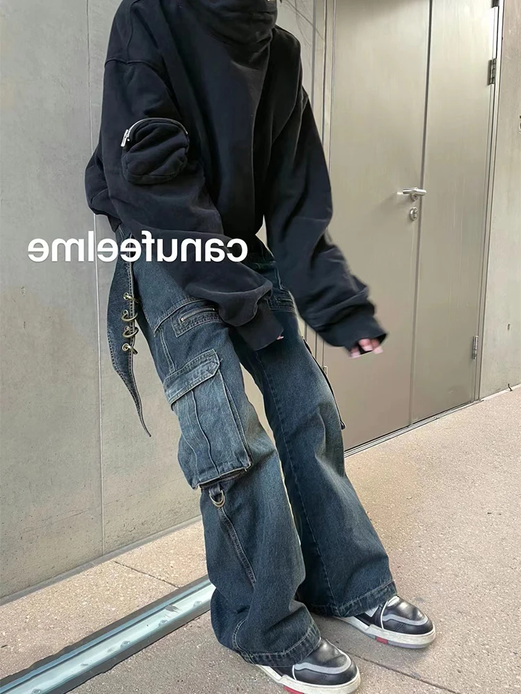 

Y2K Retro Wash Blue Color Women Straight Jean Trousers High Waist Multi-pocket Design Female Denim Pants Hip Pop Streetwear New