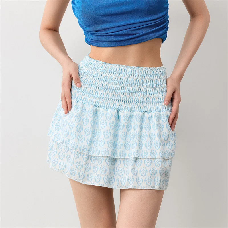 Minifalda de verano para mujer, con estampado floral, elástica, de cintura alta, con volantes escalonados, faldas cortas de corte A, faldas para salir, ropa de calle
