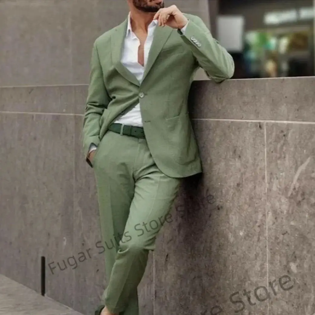 2023 New Casual Green Fashion Suits for Men Slim Fit Notched Lapel Groom Tuxeod 2 Pieces Sets Handsome Male Blazer Costume Homme