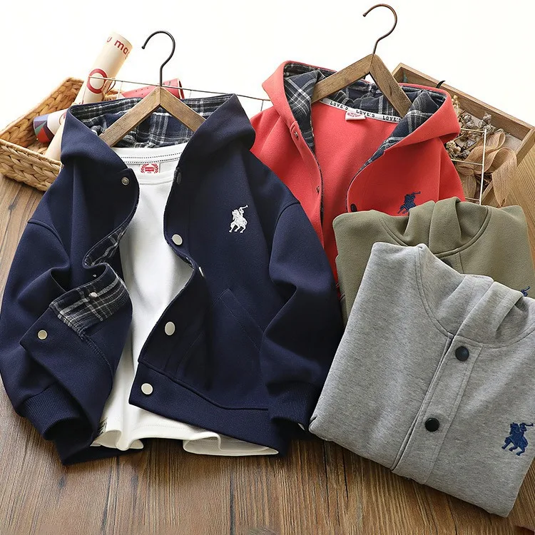 

2024 Korean Spring Autumn Junior Boy Sport Coats Elementary Boy Hooded Sweat Jacket Children Boy Single-breasted Track Coats