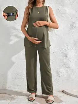 Maternity 2-Piece Set Sleeveless Round Neck Top And Adjustable Waist Straight Leg Pants