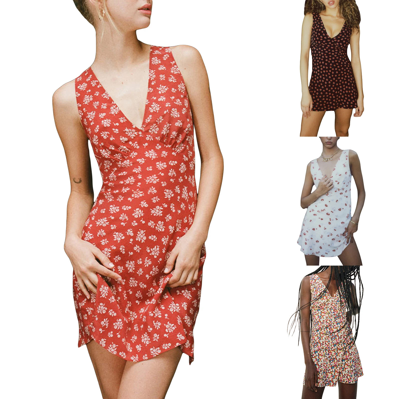 

Womens Summer Short Party Dress Sleeveless Deep V Neck Floral Print Beach Dress