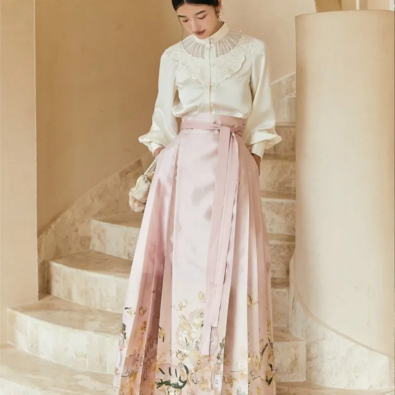 

2023 New Summer Chinese Vertical Collar Cardigan Shirt One-piece Imitation Makeup Flower Horse Face Skirt Hanfu Mamian Dress