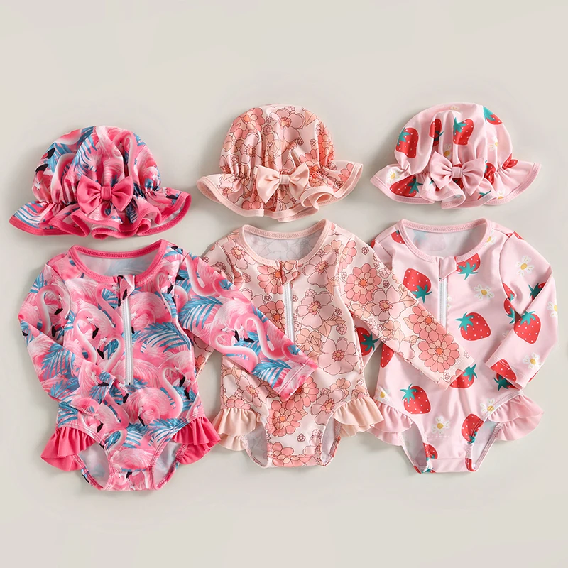 Long Sleeve Cute Toddler Baby Girls Swimwear Beachwear Rash Guard Swimsuit Lovely Strawberry Print Bathing Suit + Sun Hat Set 1