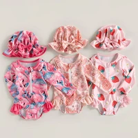 Long Sleeve Cute Toddler Baby Girls Swimwear Beachwear Rash Guard Swimsuit Lovely Strawberry Print Bathing Suit + Sun Hat Set 1