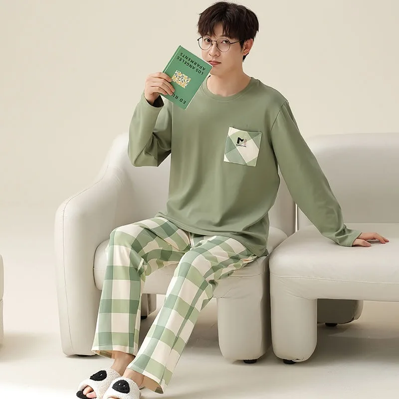 Sleepwear Men Spring Autumn Cotton Long-Sleeved Trousers Round Neck Pajamas Set Cartoon Youth Large Size Fashion Homewear Suit