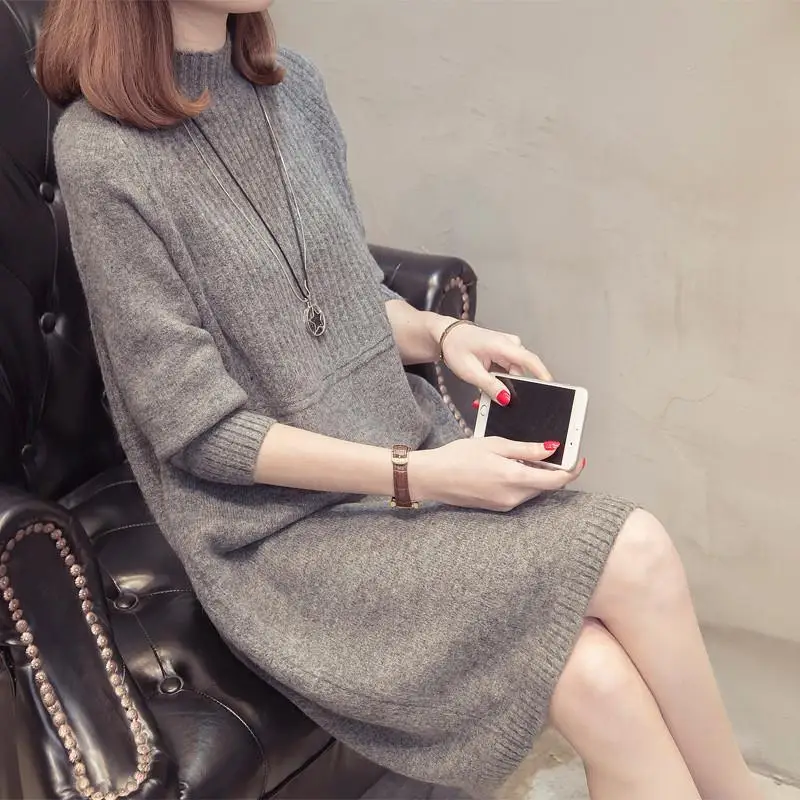 

Fashion Turtleneck Loose All-match Midi Dress Women's Clothing 2023 Autumn New Casual Solid Color Knitted Dress