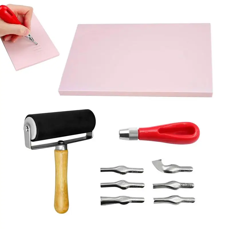 

1 Set Rubber Block Stamp Carving Blocks with Cutter Tools and Rubber Brayer Roller for Printmaking and More Crafts