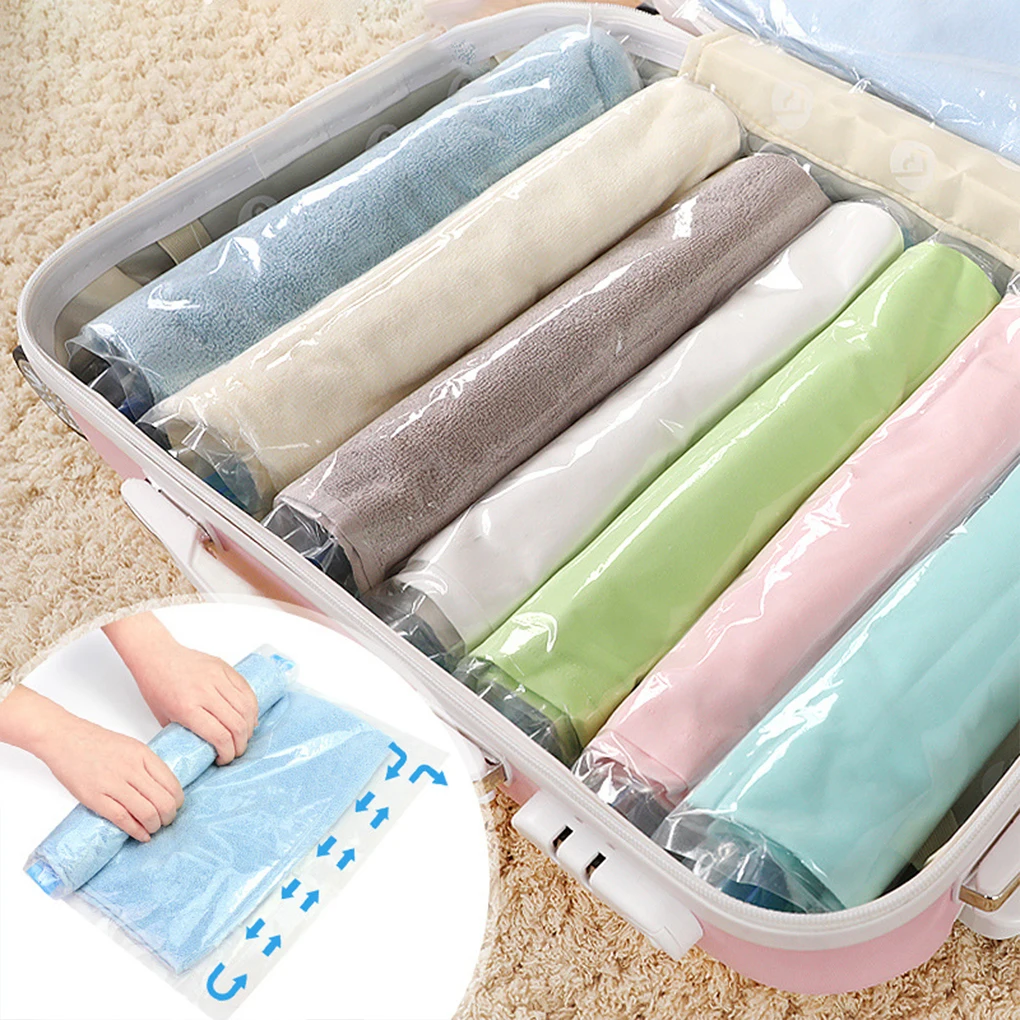 5Pcs Travel Roll-Up Compression Bags Reusable Vacuum Storage Bag Saves 80% of Storage Space Roll-Up Compression No Need Air Pump 3