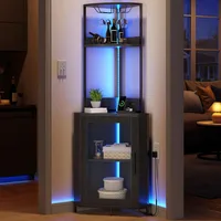 Corner Wine Cabinet with Power Outlets & LED Lights, Corner Bar Cabinet with Glass Holder, Liquor Bar Rack Cabinet for