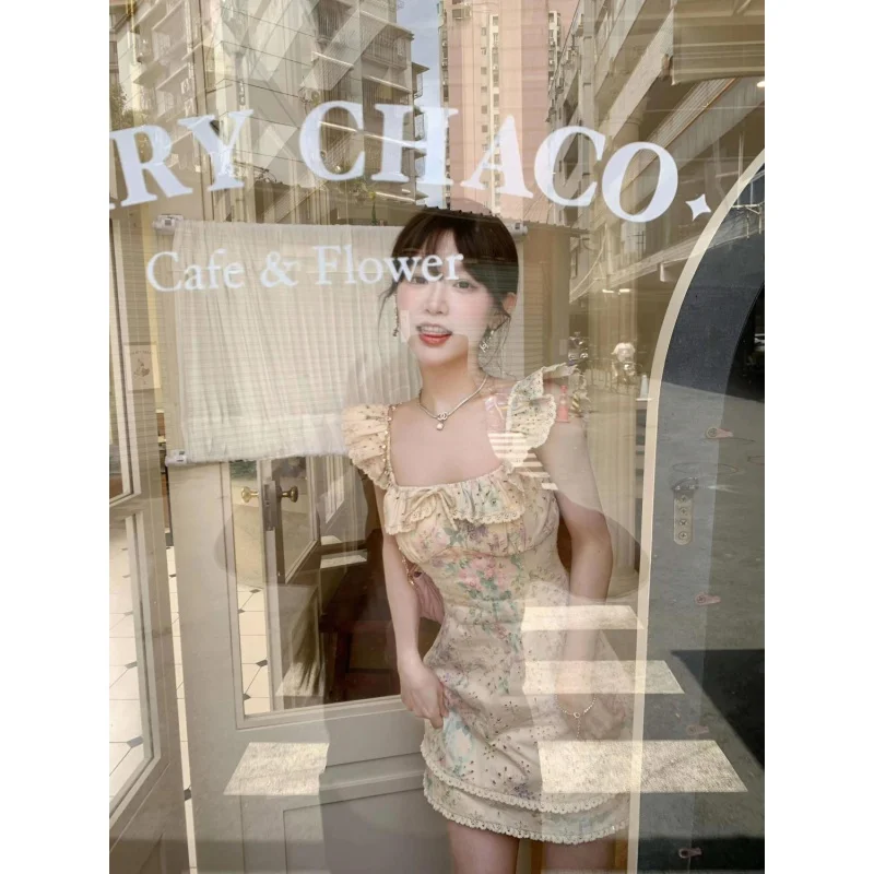 

New Bow Delicate Girl Short Skirt Large Ruffled Fashion Slim Fit Slimming Printed Dress