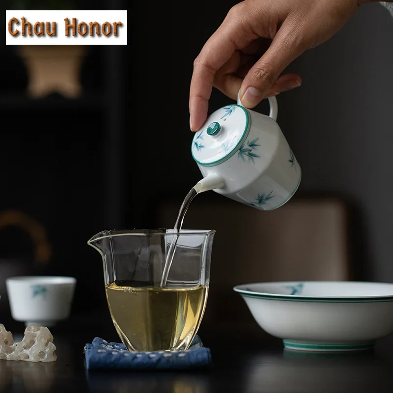 110ml Boutique Pure Hand Painted Green Bamboo Tea Pots White Porcelain Pot Tea Making Kettle With Ball Hole Filter Kungfu Teaset