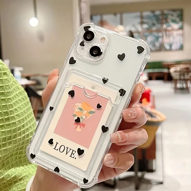 Elegant Black & White Love Heart Clear Phone Case with Wallet and Card Holder