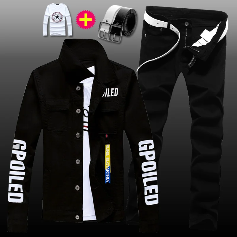 Men Denim Jacket Pants Set New Mens Denim Jacket Jeans Pants Slim Fit 2pcs Set Boys Casual Letters Printed Coat Trousers with Pendant Candy Color