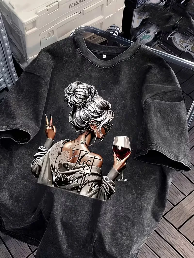Graffiti Pop Art Frauengesicht T-Shirt Retro Distressed Streetwear Kunstdruck Tee Lässiges Oversize Kurzarm-Oberteil für Damen und Herren – Detail 2