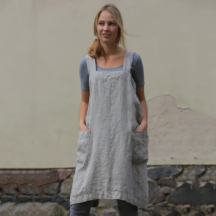 new Simple Japanese Style Cotton and Linen Apron Women's Home Comfortable Overalls Flower Shop Retro Exquisite Lace-free