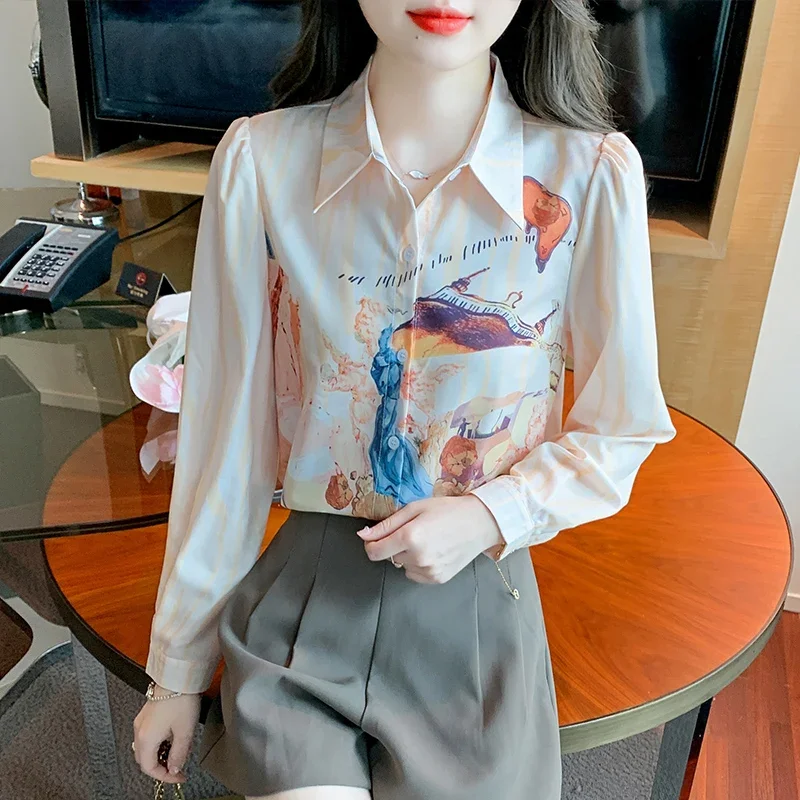 

Satin Vintage Women's Shirt New Loose Printed Blouses Polo Neck Ladies Clothing Spring/Summer Long Sleeves Fashion Tops