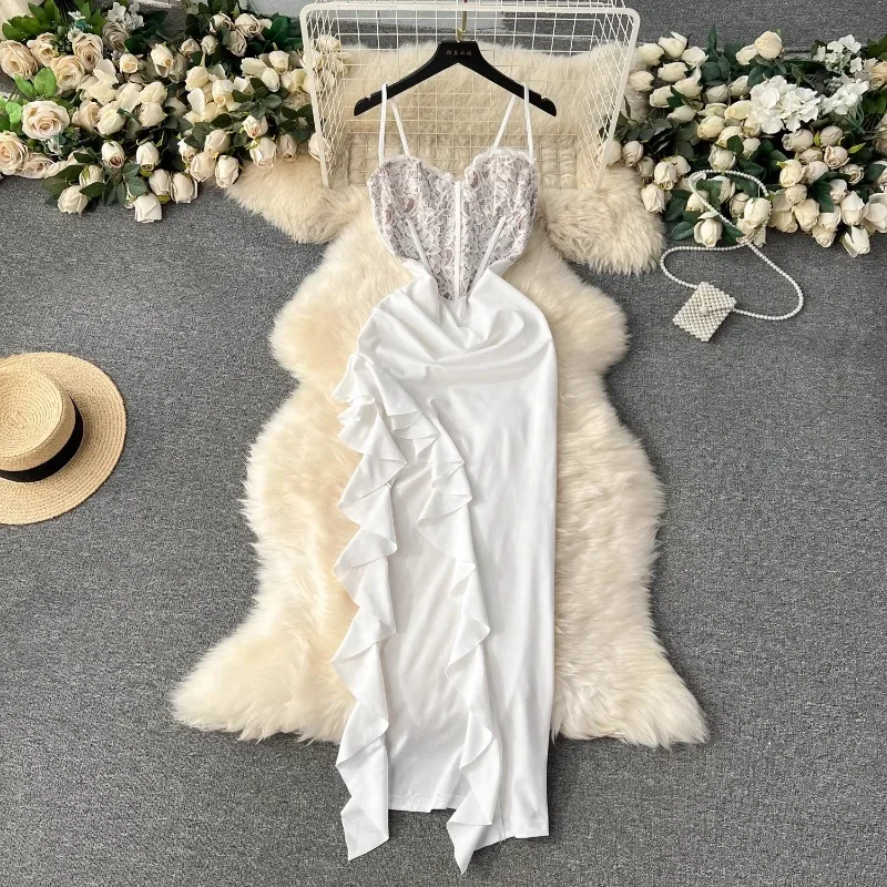 

Formal Dress Women V-Neck Lace Patchwork Pleated Trumpet Dresses French Chic Sleeveless Irregular Vestido Female Dropshipping